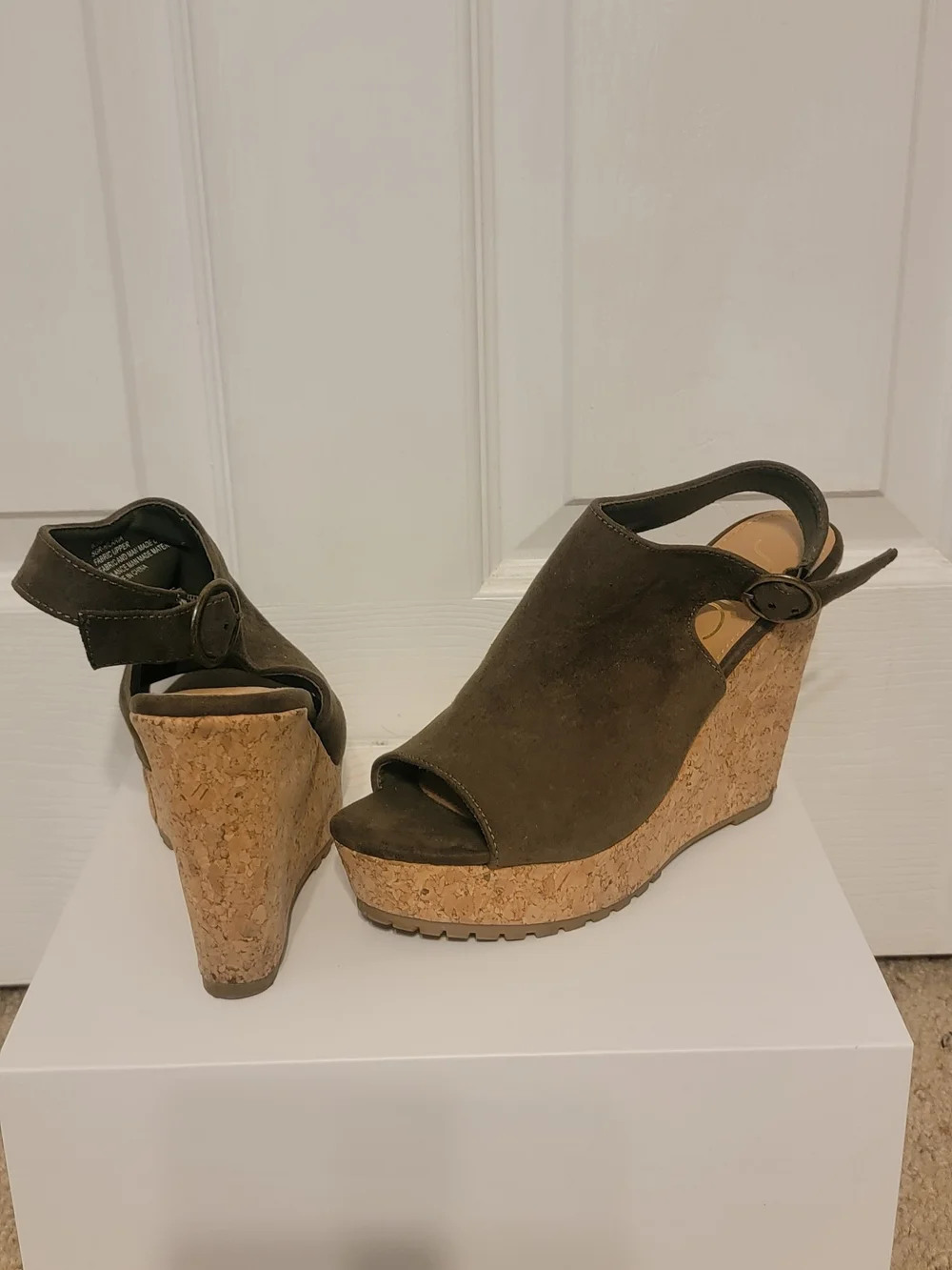 Olive Suede Cork Wedge Sandals - Women's Peep Toe Slingback